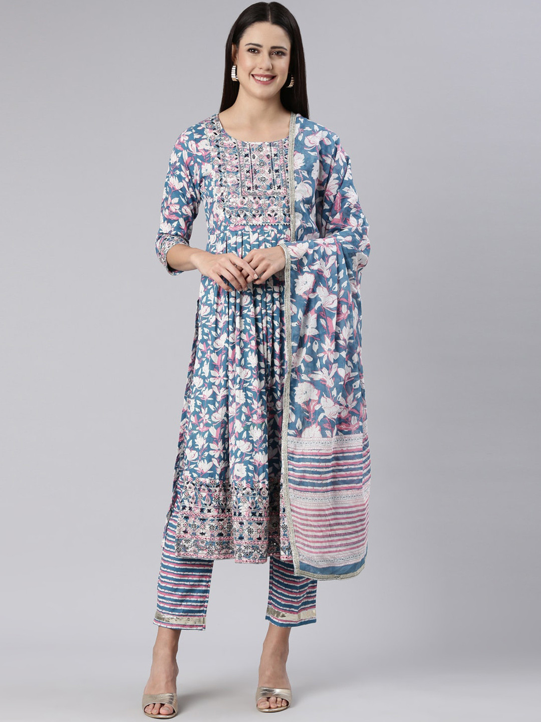 

ERISHA Floral Printed Empire Gotta Patti Pure Cotton Kurta with Trousers & Dupatta, Blue