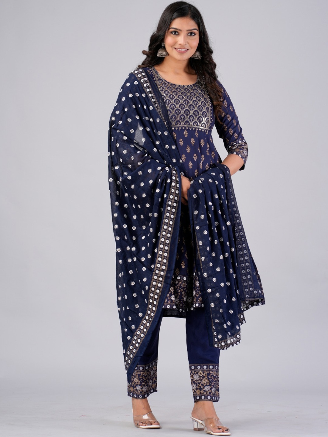 

MAUKA Ethnic Motifs Printed Empire Thread Work Kurta with Trousers & Dupatta, Blue