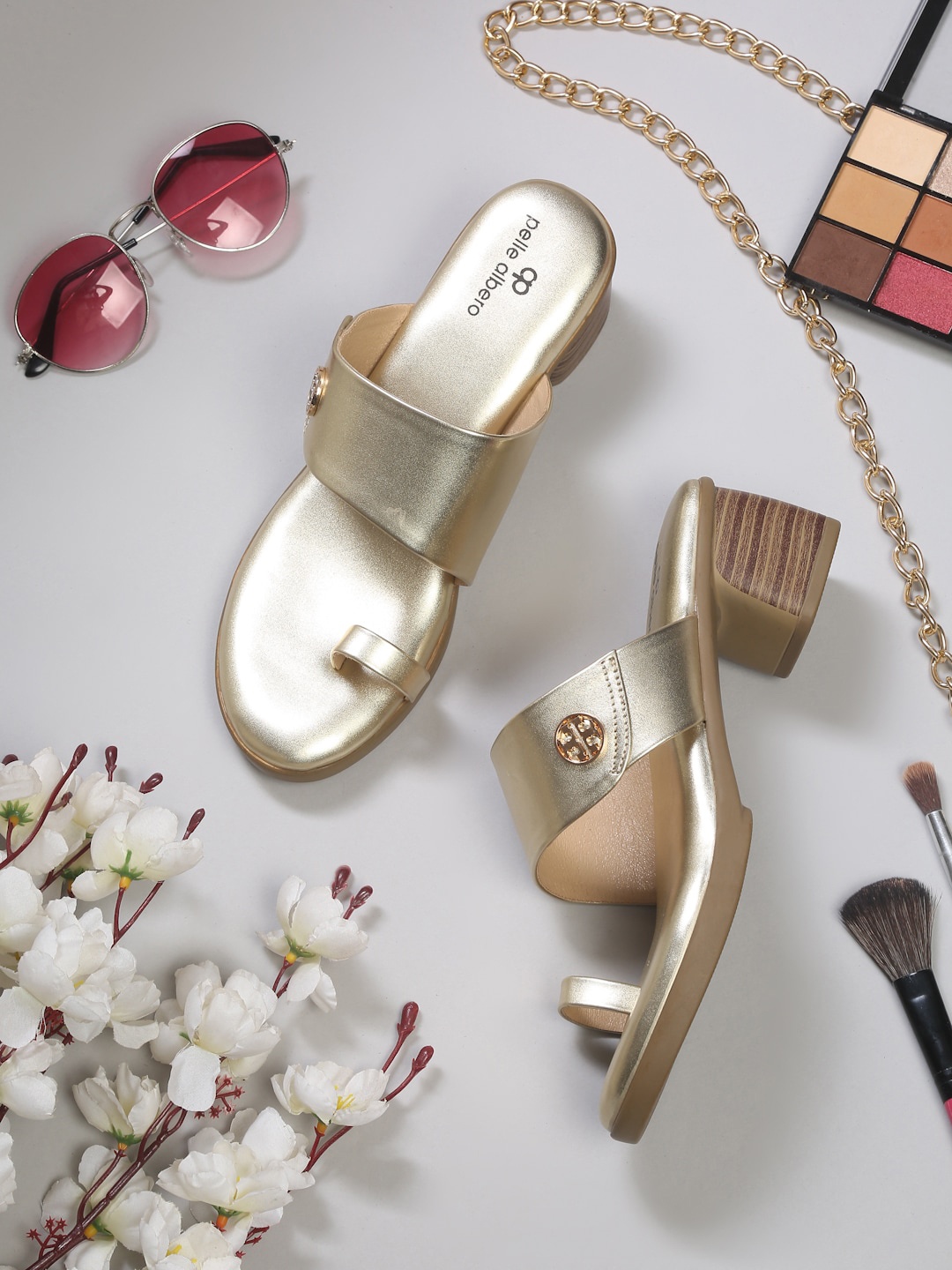 

pelle albero One Toe Block Heels, Gold