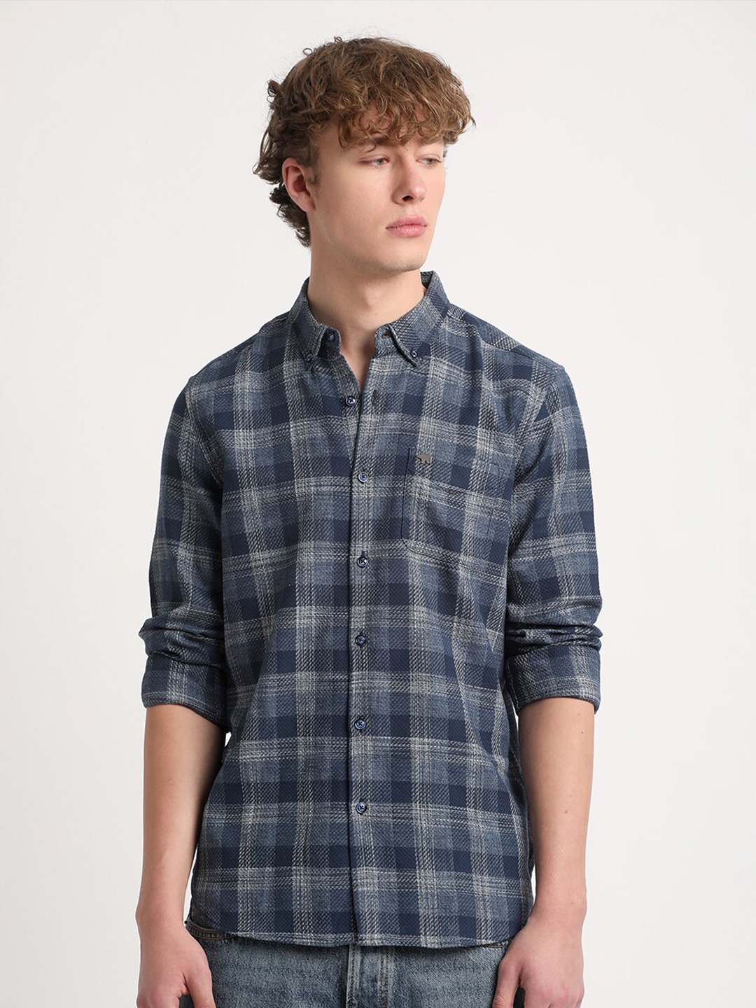 

THE BEAR HOUSE Tartan Checks Slim Fit Cotton Casual Shirt, Blue