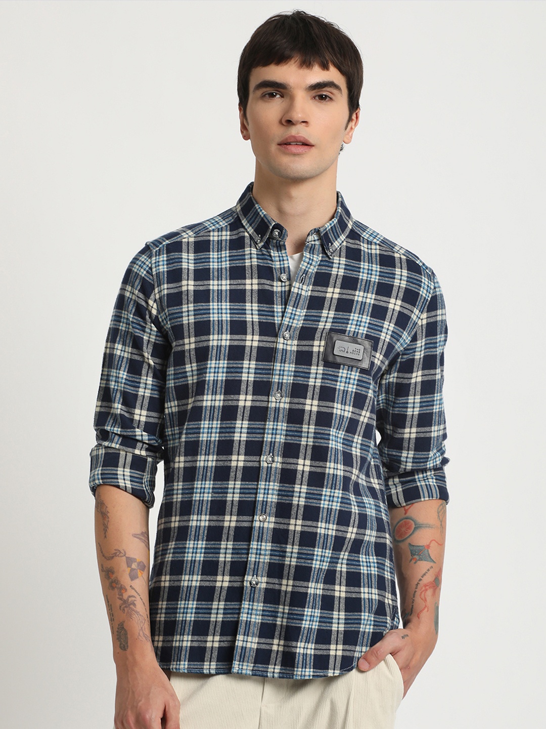 

THE BEAR HOUSE Tartan Checks Flannel Slim Fit Cotton Casual Shirt, Grey
