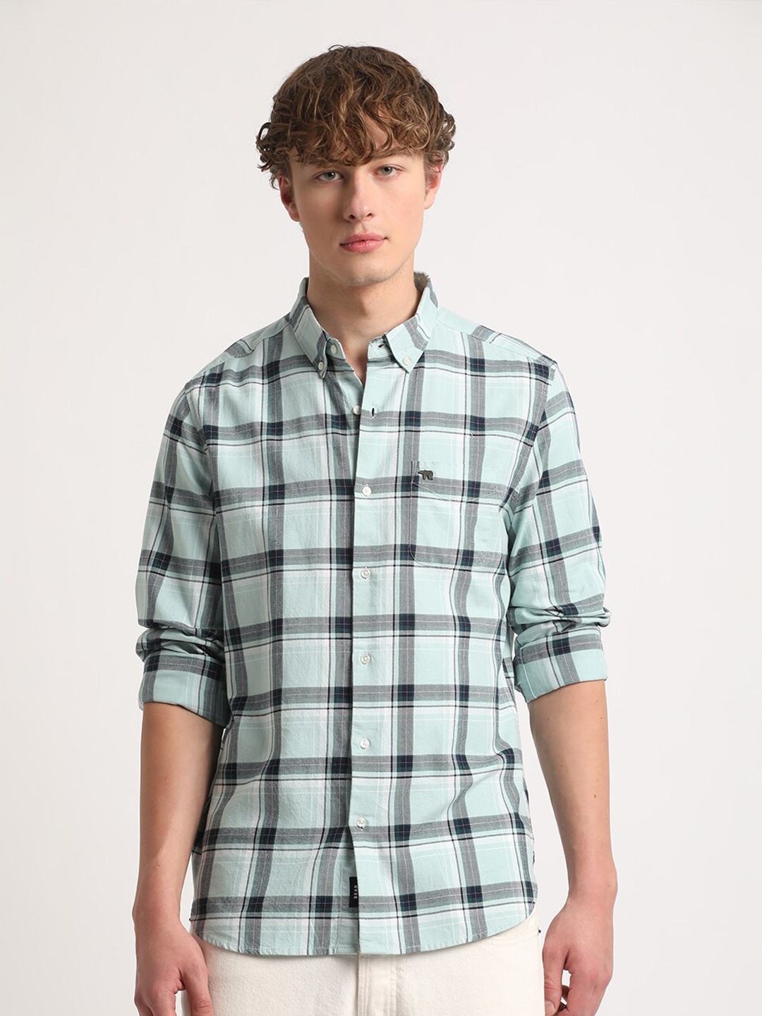 

THE BEAR HOUSE Tartan Checks Slim Fit Cotton Casual Shirt, Blue