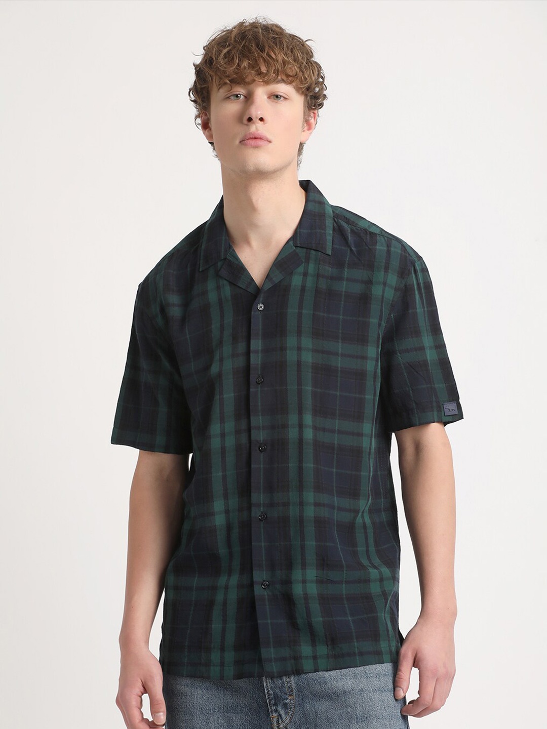 

THE BEAR HOUSE Tartan Checks Cotton Casual Shirt, Green