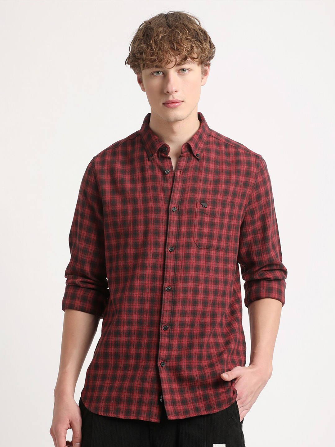 

THE BEAR HOUSE Slim Fit Tartan Checks Spread Collar Pocket Cotton Casual Shirt, Maroon