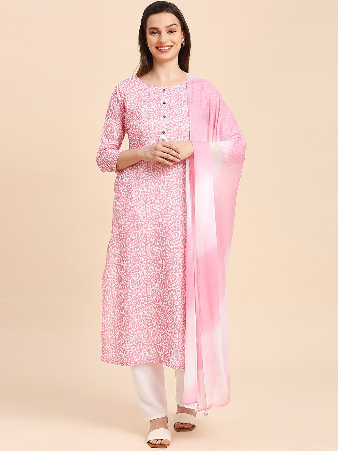 

Anuthi Ethnic Motifs Printed Kurta With Trousers & Dupatta, Pink
