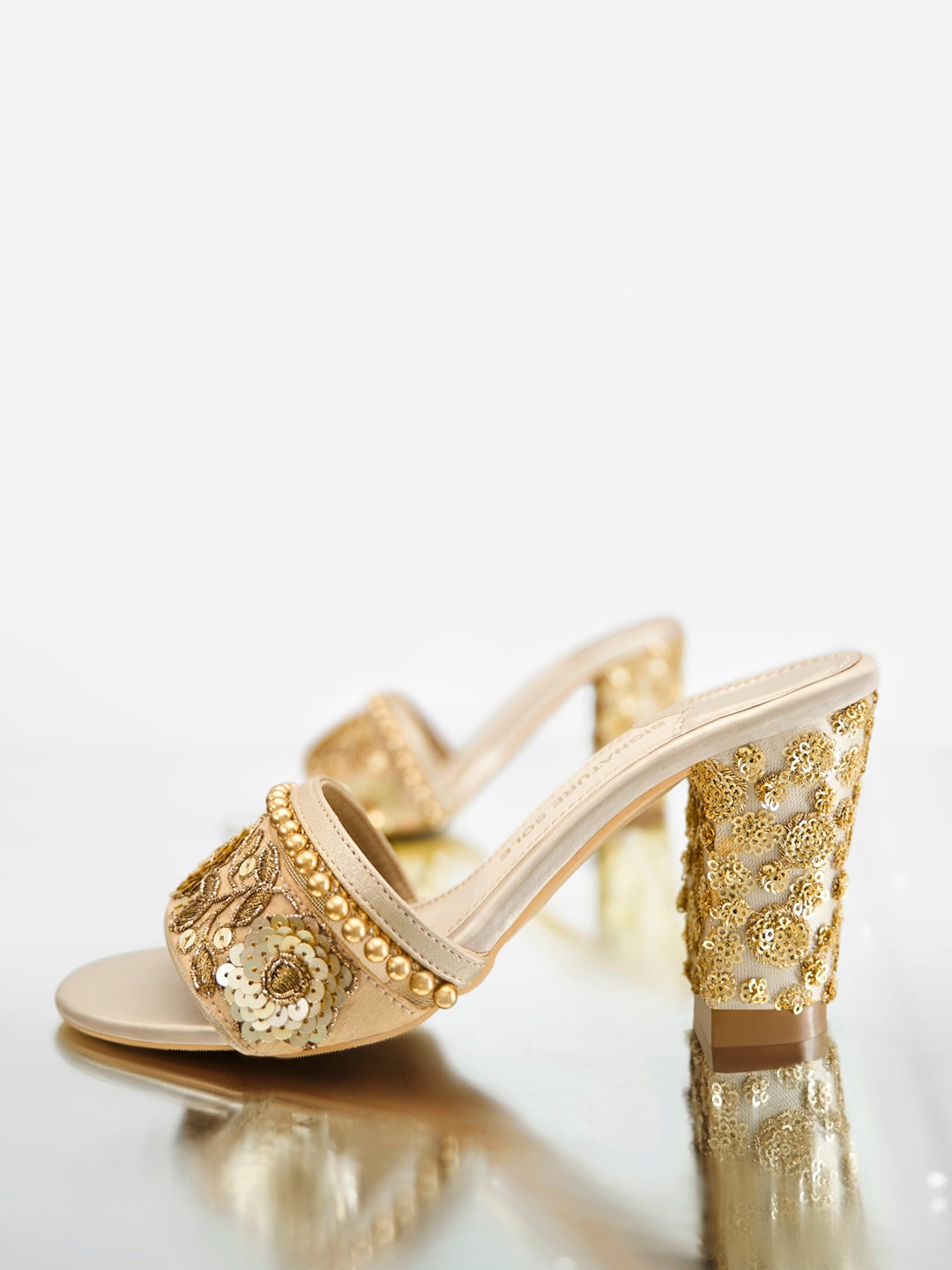 

Signature Sole Gold-Toned Party Block Mules