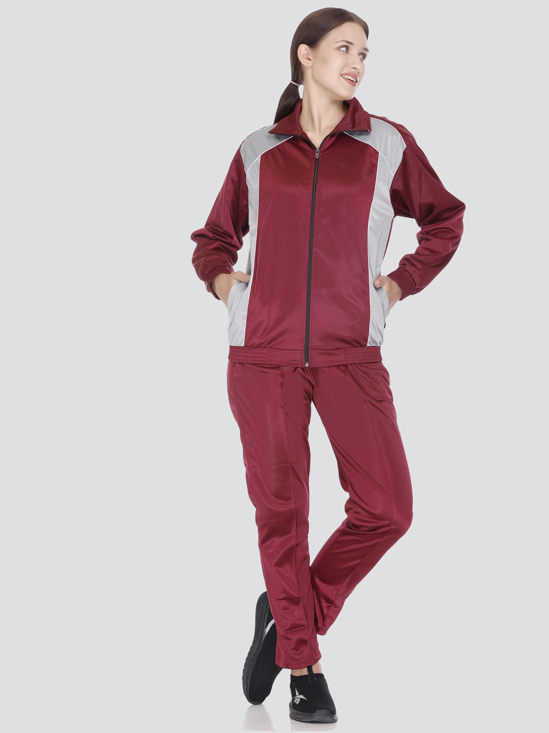 

ELPIDA Colourblocked Mock Collar Tracksuits, Maroon