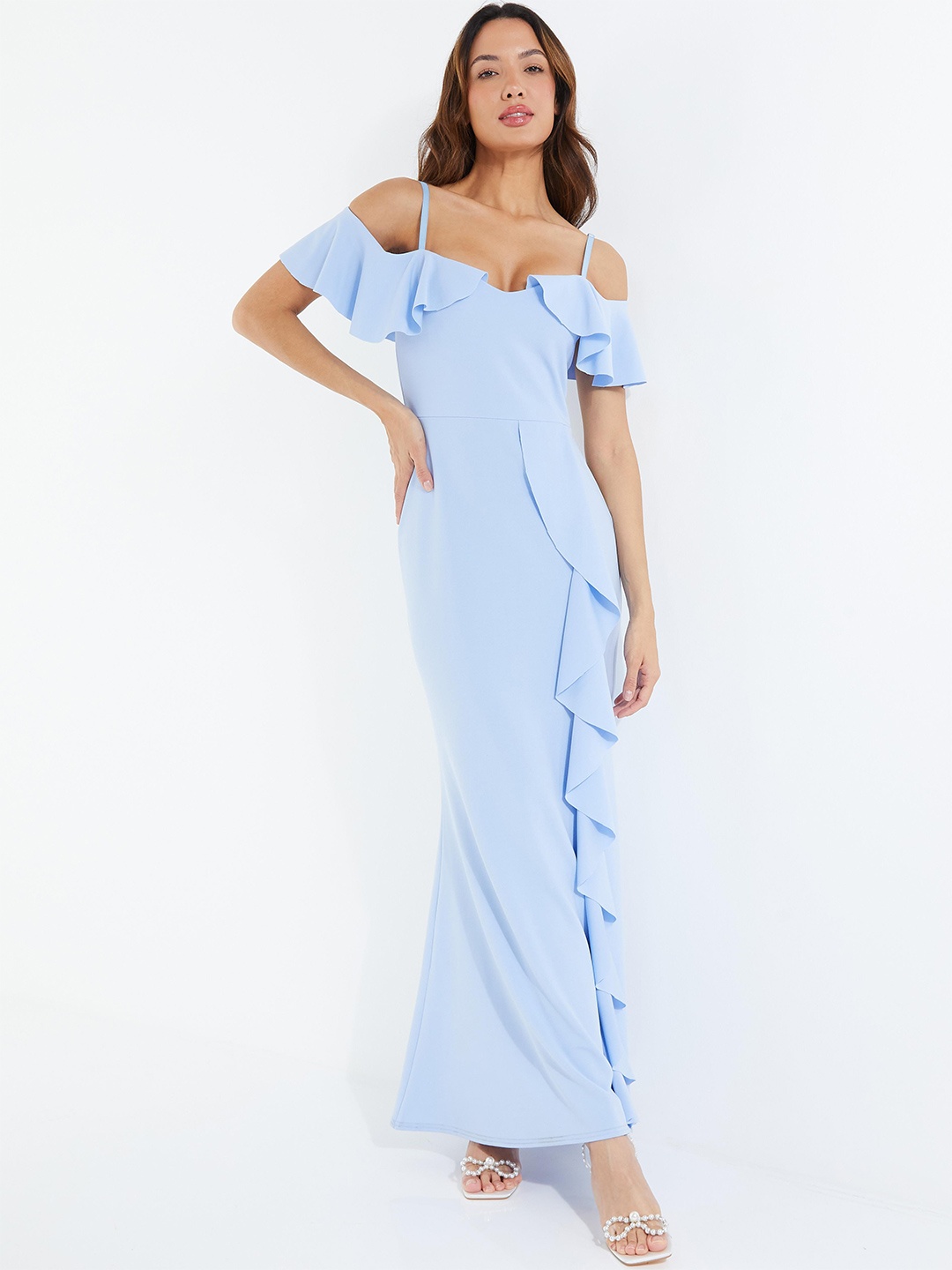 

QUIZ Cold-Shoulder Ruffles Detail Maxi Dress, Blue