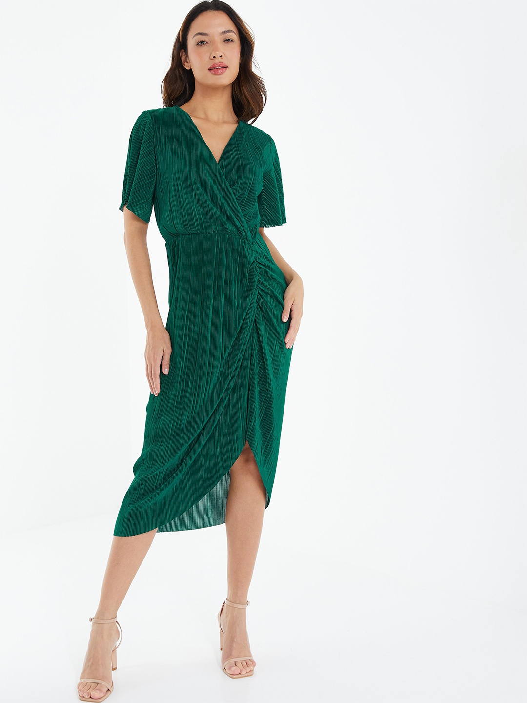 

QUIZ Self Design V-Neck Sheath Midi Dress, Green
