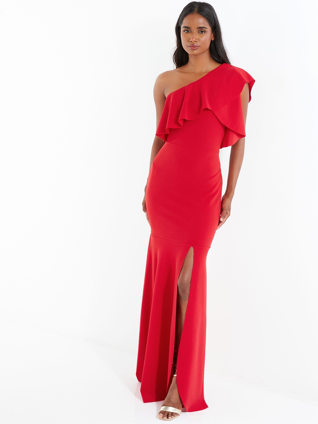 

QUIZ One Shoulder Ruffles Detail Maxi Dress, Red