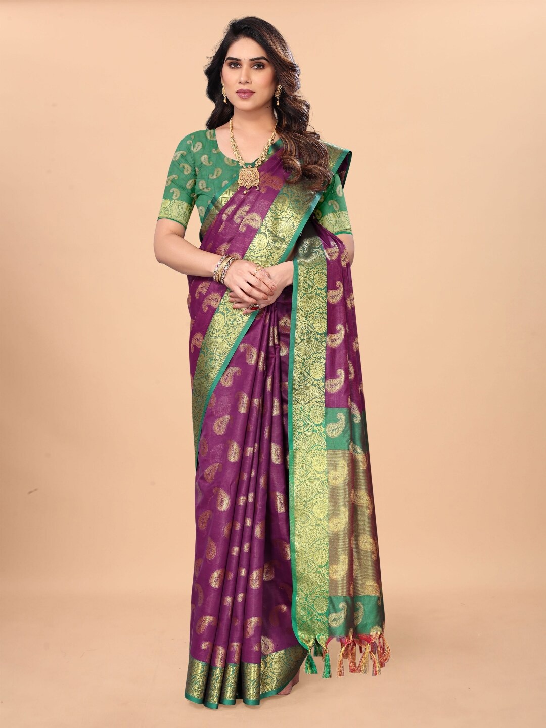 

Paramparik Textile Paisley Woven Design Zari Pure Silk Banarasi Saree, Purple