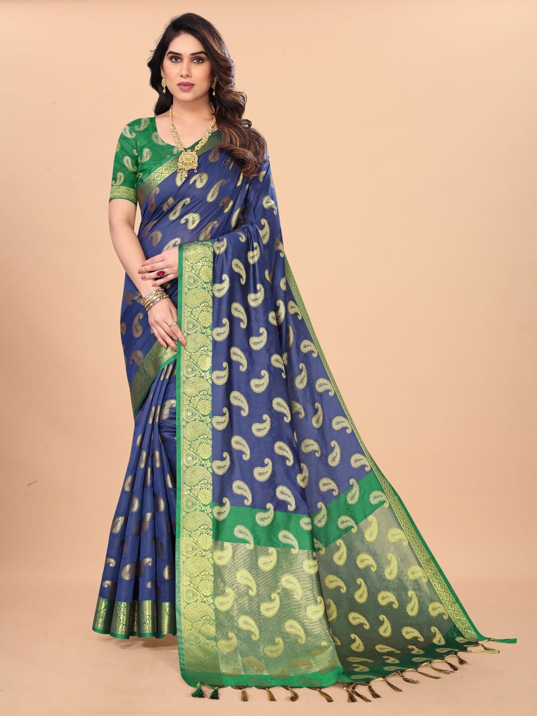 

Paramparik Textile Paisley Woven Design Zari Pure Silk Banarasi Saree, Navy blue