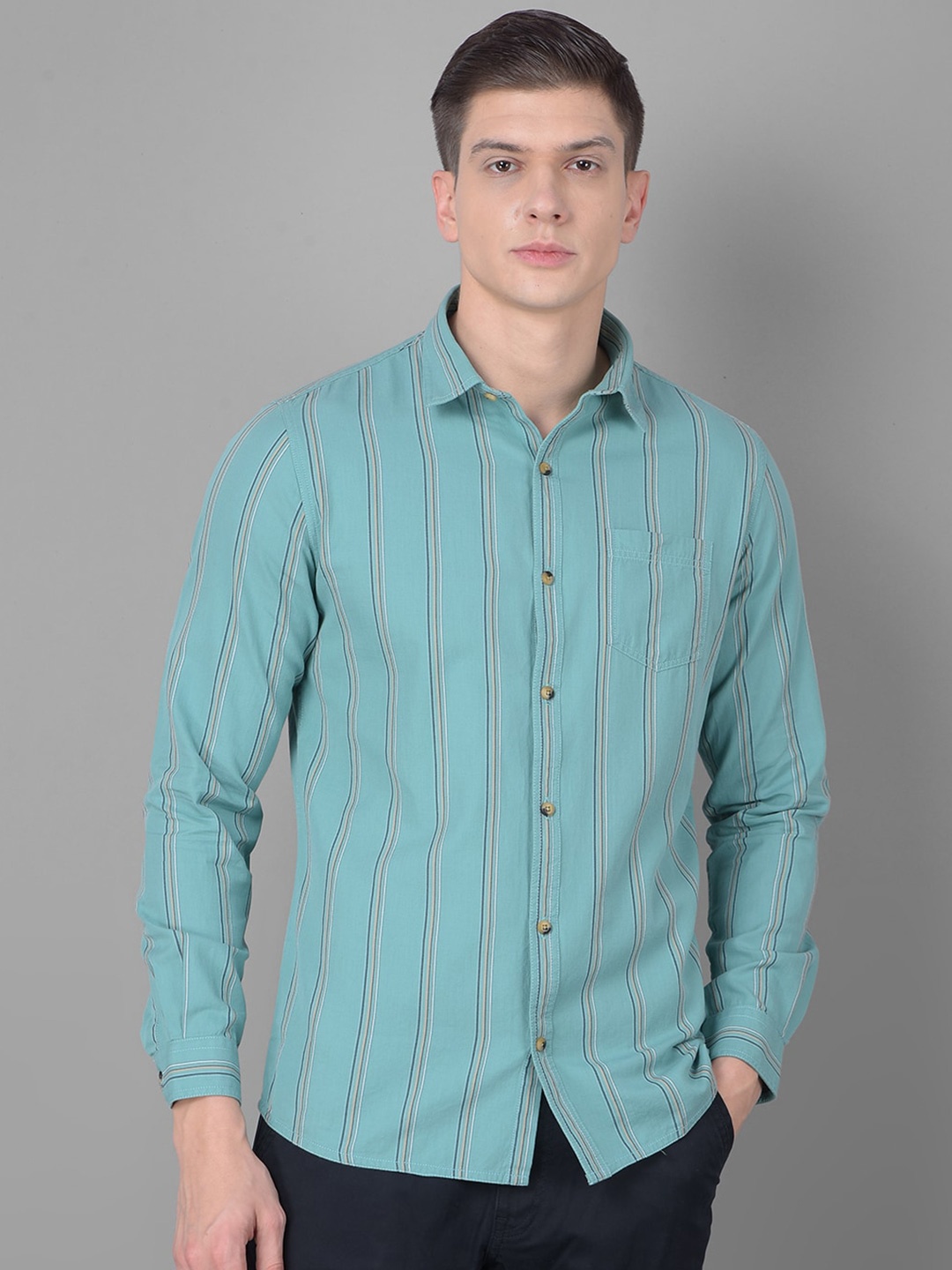 

Canary London Smart Slim Fit Opaque Striped Cotton Casual Shirt, Turquoise blue