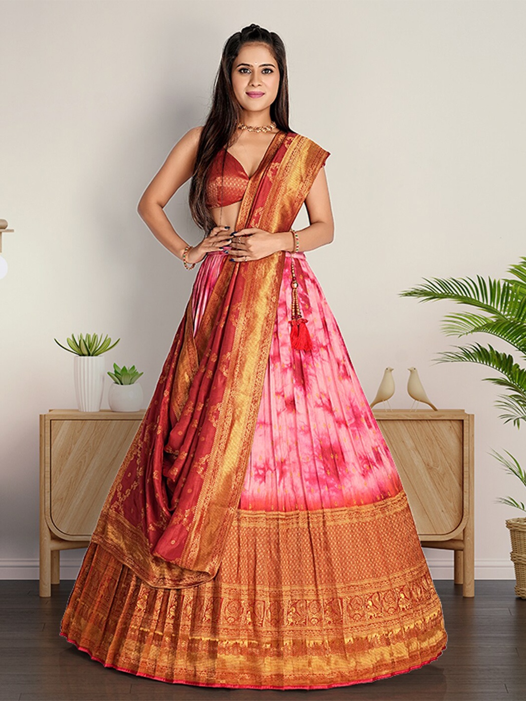 

HALFSAREE STUDIO Woven Design Semi Stitched Lehenga & Unstitched Blouse With Dupatta, Red