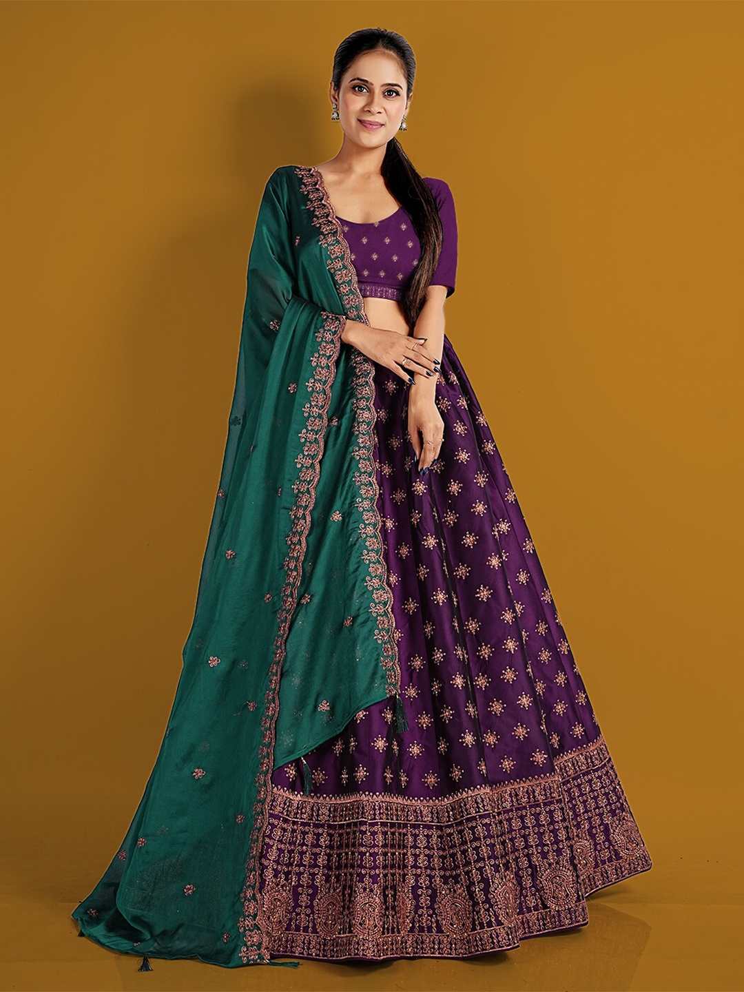 

HALFSAREE STUDIO Embroidered Semi Stitched Lehenga & Unstitched Blouse With Dupatta, Peach