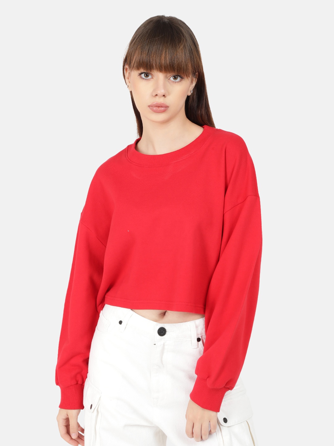 Bene Kleed Women Cropped Oversized Cotton Pullover Sweatshirt, Red