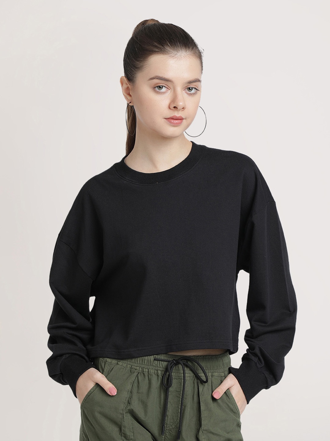 

Bene Kleed Cropped Oversized Cotton Pullover Sweatshirt, Black