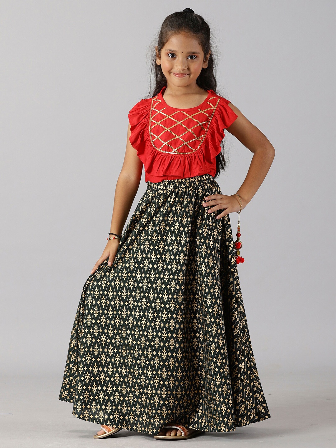 

KiddoPanti Girls Embroidered Ruffled Ready to Wear Lehenga Choli, Red