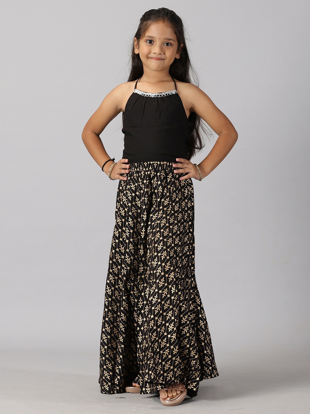 KiddoPanti Girls Embellished Mirror Work Ready to Wear Lehenga Choli, Black