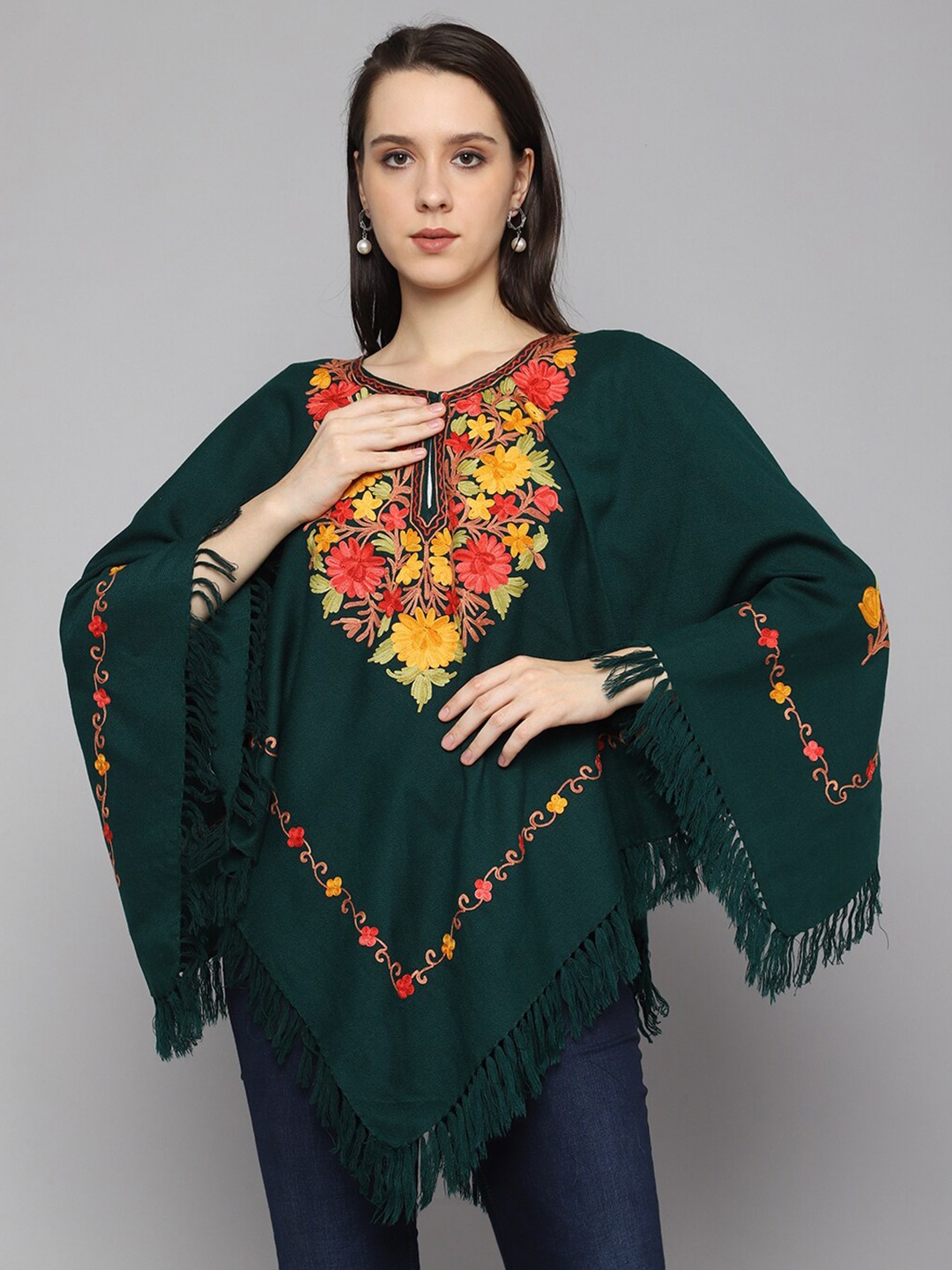 

CRAFTBAZAR Kashmiri Embroidered Poncho, Green