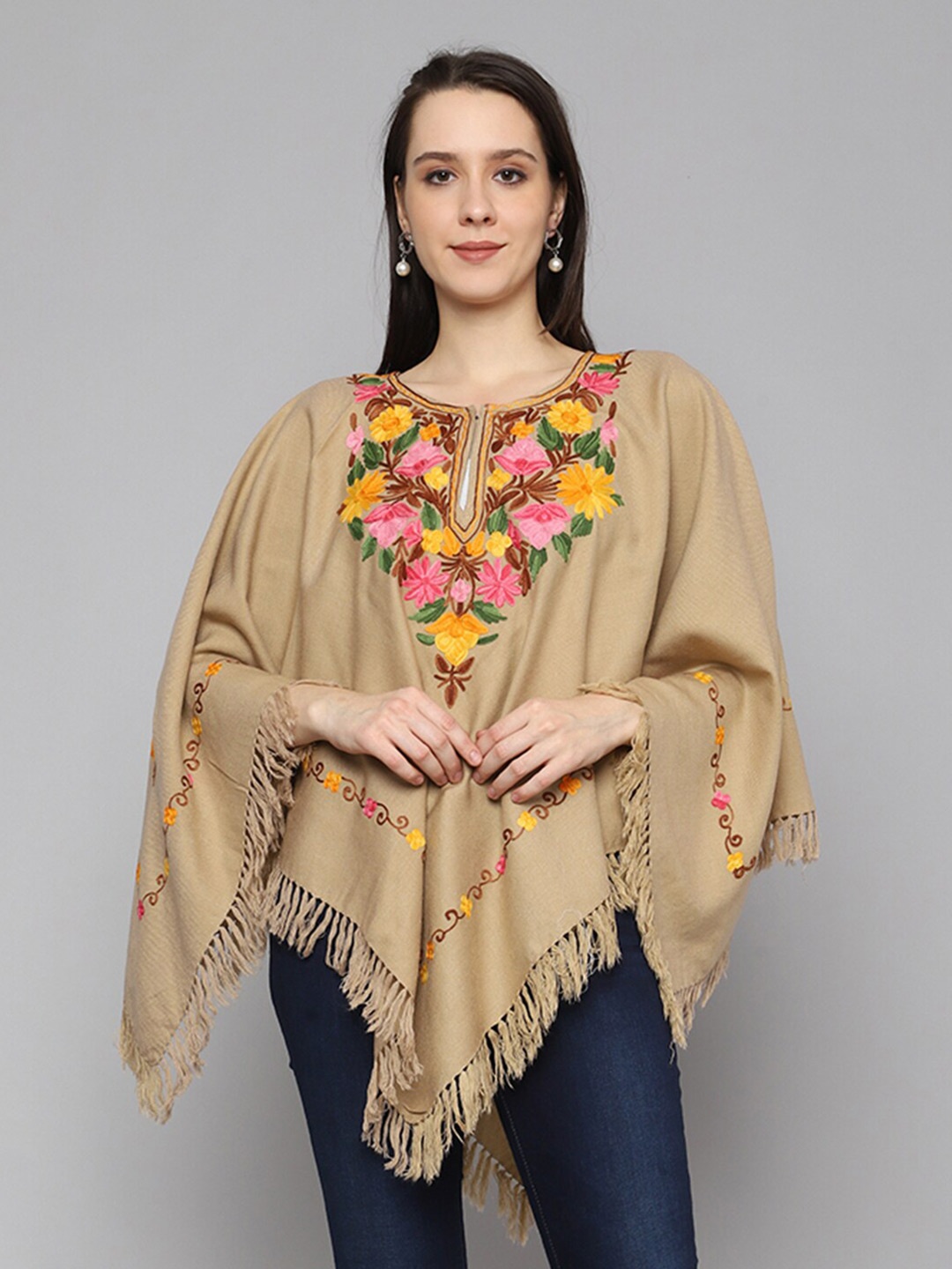 

CRAFTBAZAR Kashmiri Embroidered Poncho, Camel brown