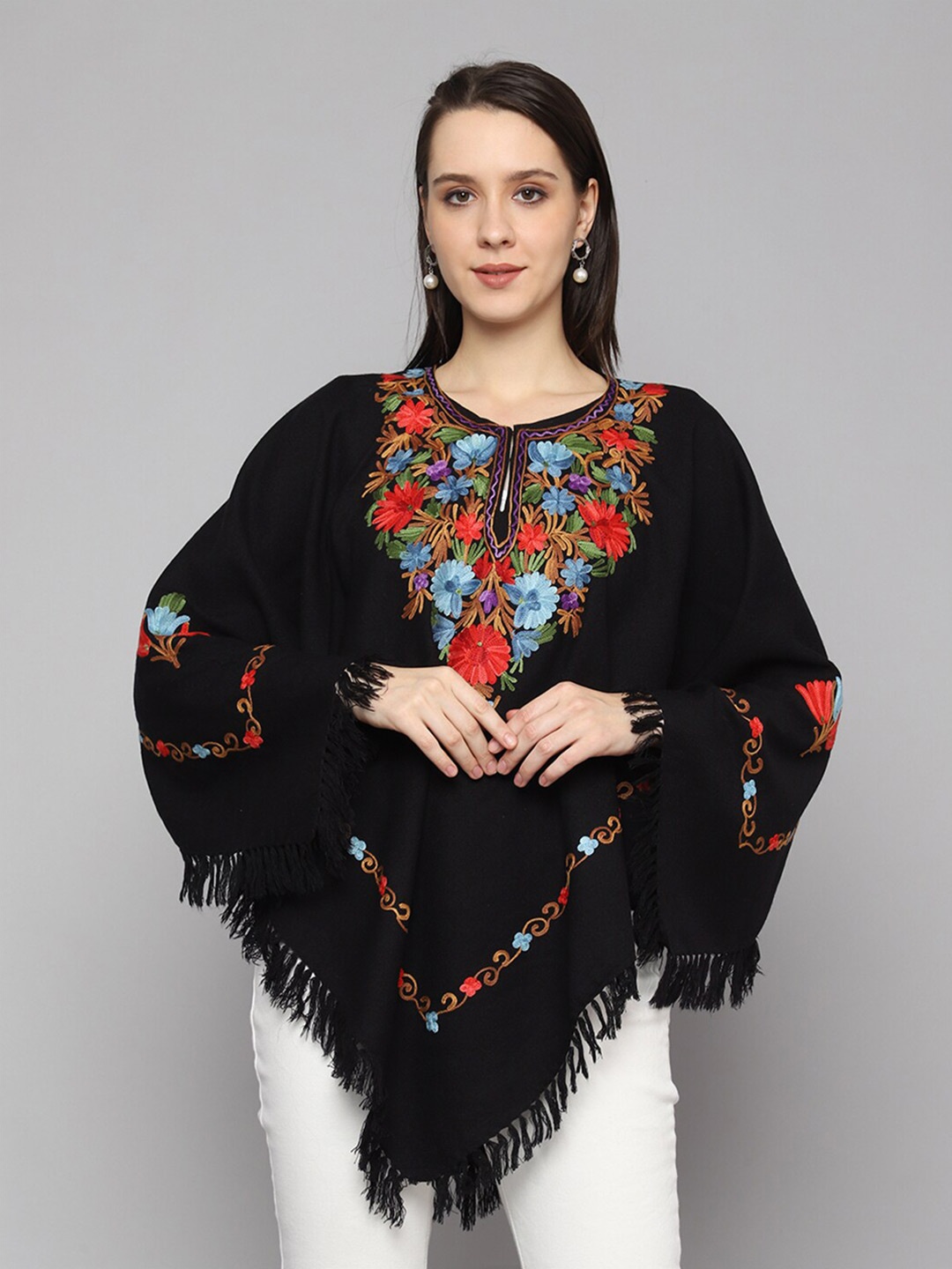 

CRAFTBAZAR Embroidered Acrylic Poncho Sweater, Black