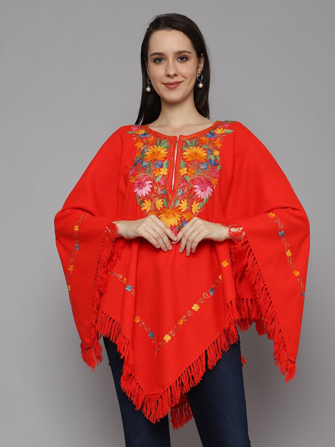 

CRAFTBAZAR Embroidered Acrylic Poncho Sweater, Red