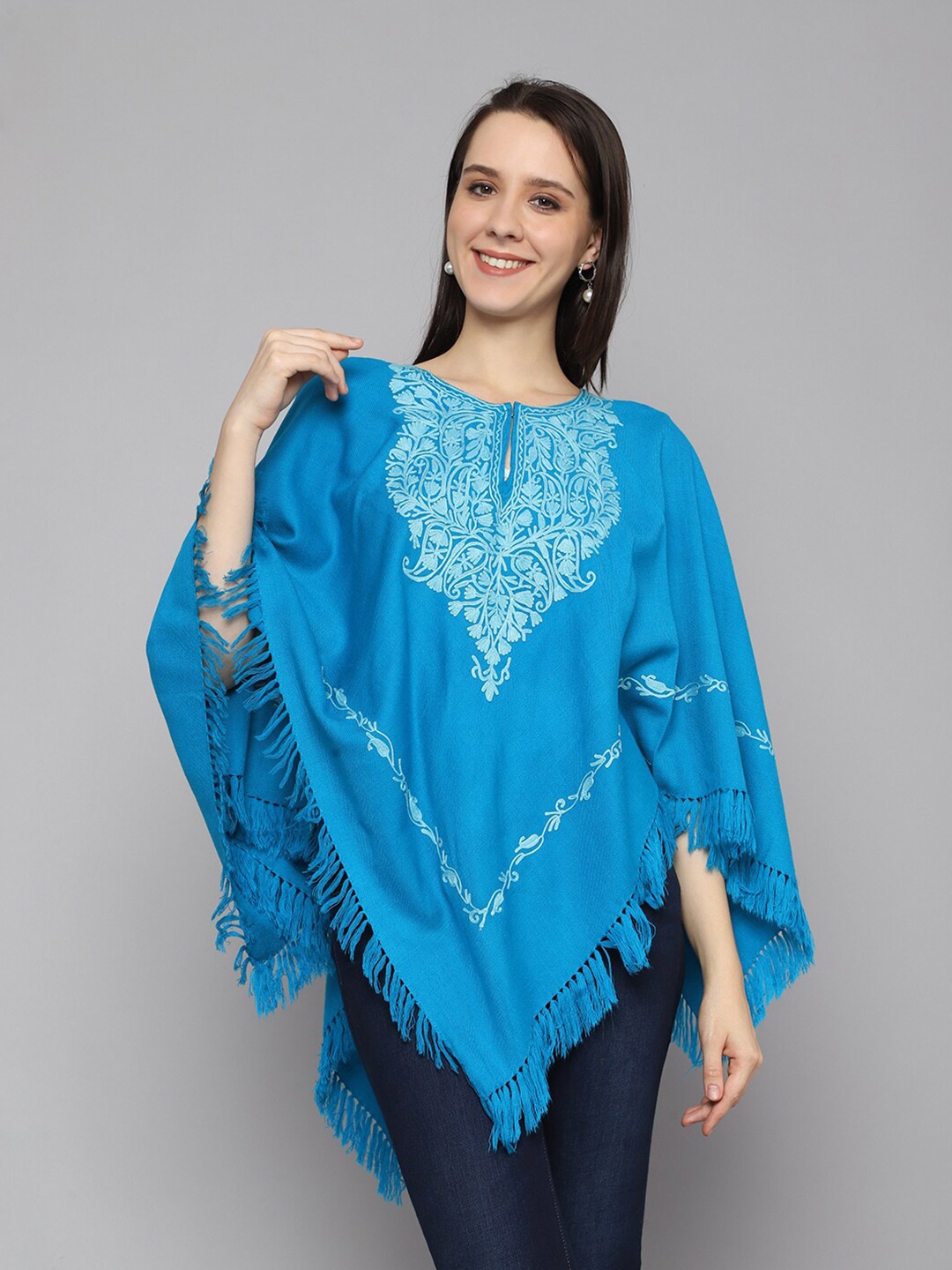 

CRAFTBAZAR Kashmiri Embroidered Poncho, Turquoise blue