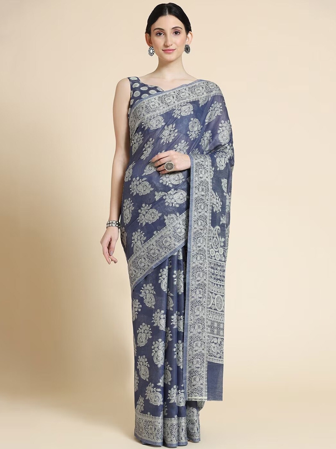 

VSaree Floral Printed Kashida Jamdani Saree, Blue