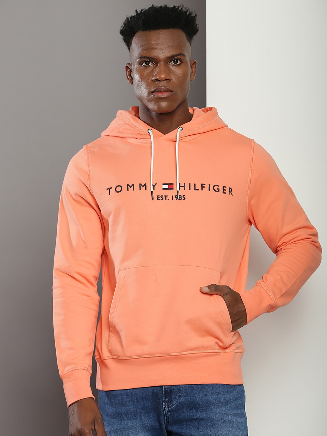 

Tommy Hilfiger Brand Logo Printed Hooded Cotton Sweatshirt, Peach