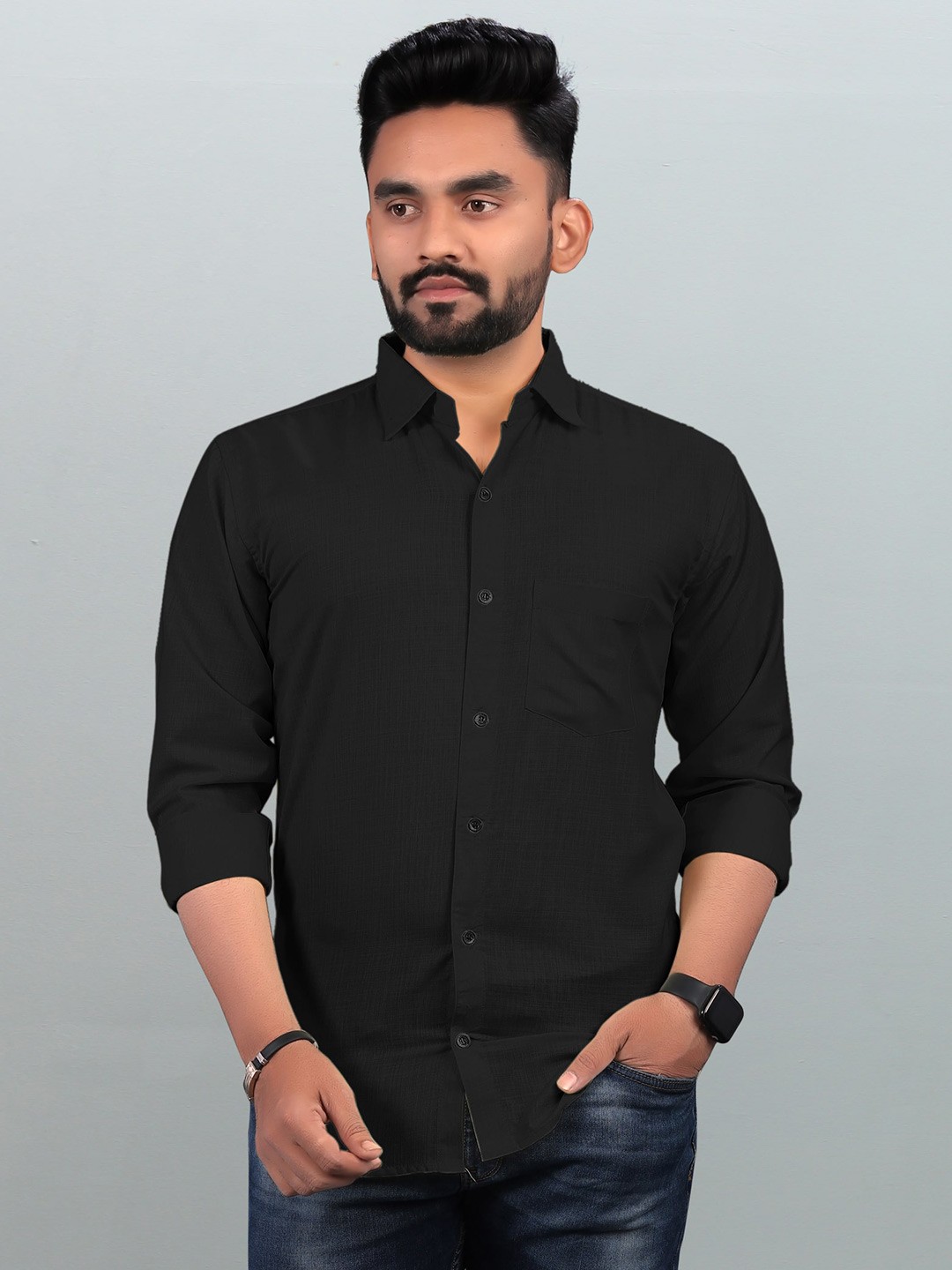 

Bought First Premium Spread Collar Long Sleeve Pocket Organic Cotton Casual Shirt, Black