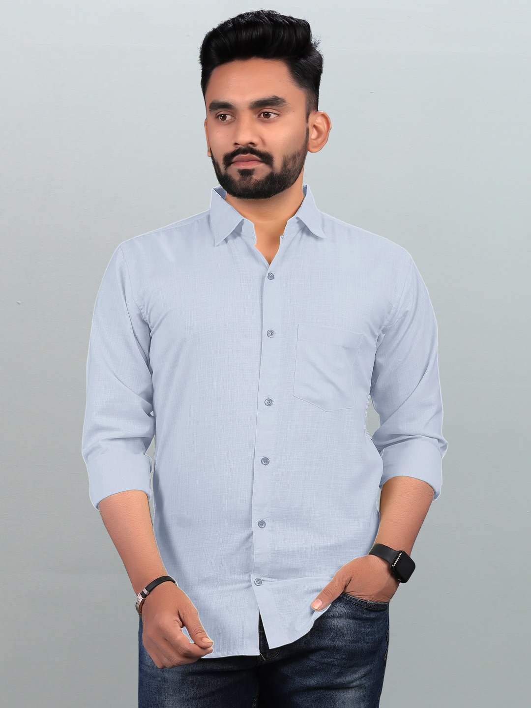 

Bought First Premium Spread Collar Long Sleeve Pocket Organic Cotton Casual Shirt, Grey melange
