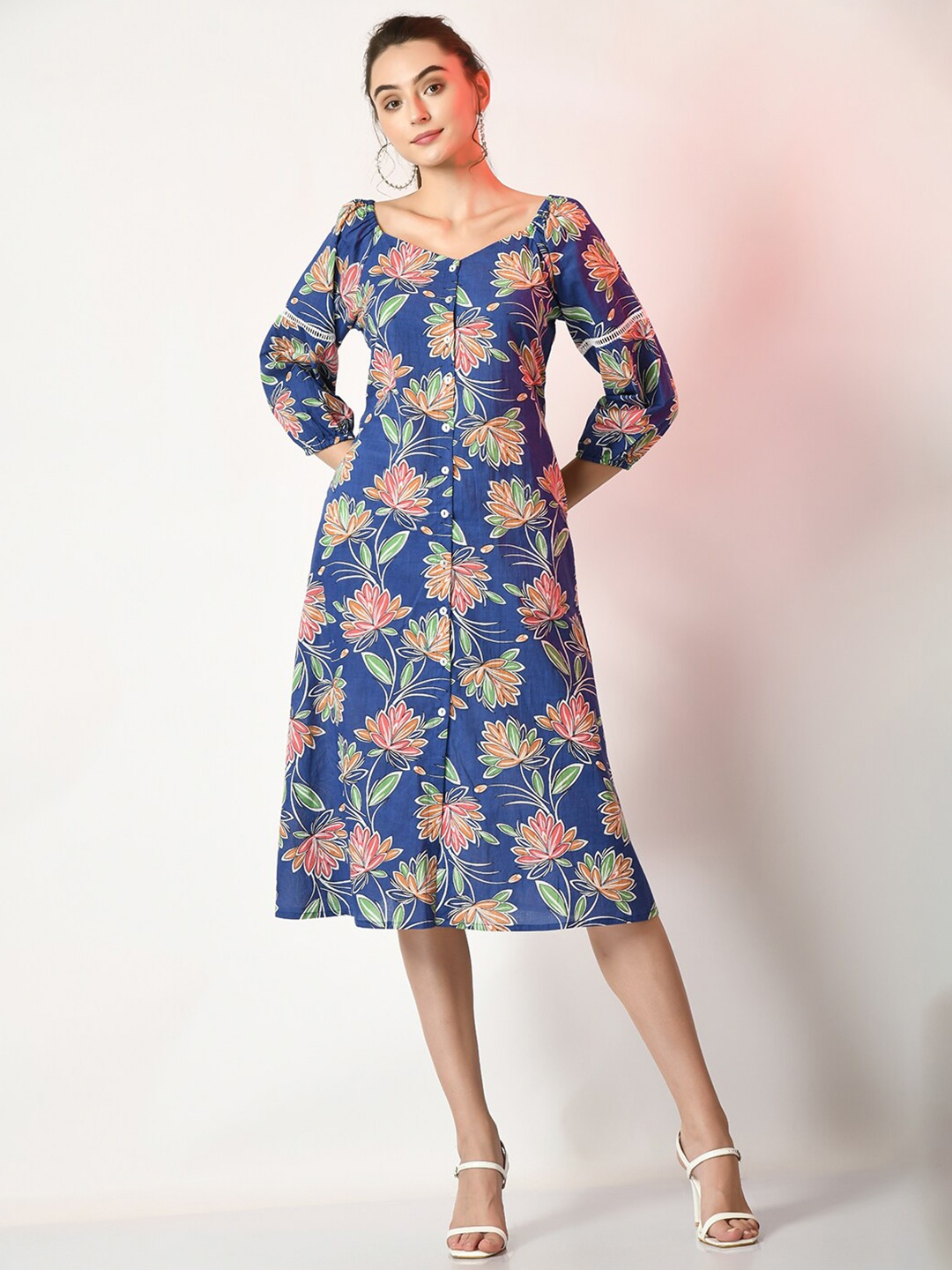 

Myshka Floral Printed Cotton A-Line Dress, Blue