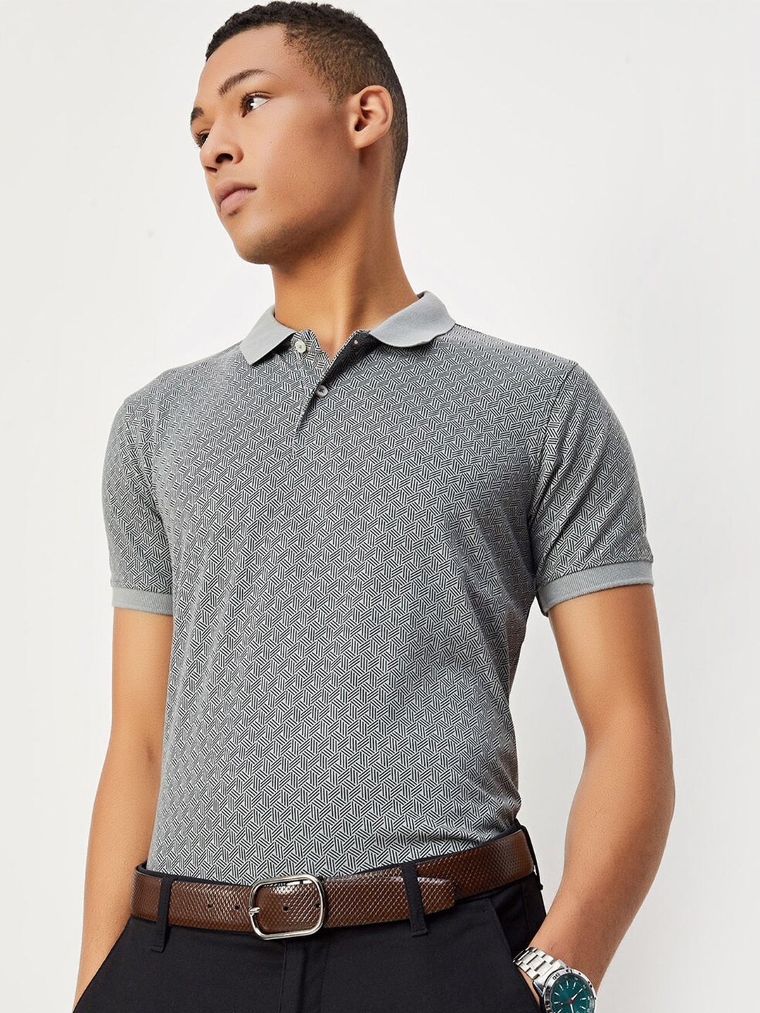 

max Geometric Printed Polo Collar T-shirt, Grey