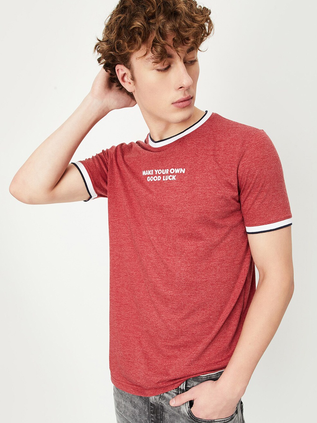 max Typography Printed Casual T-Shirt, Rust