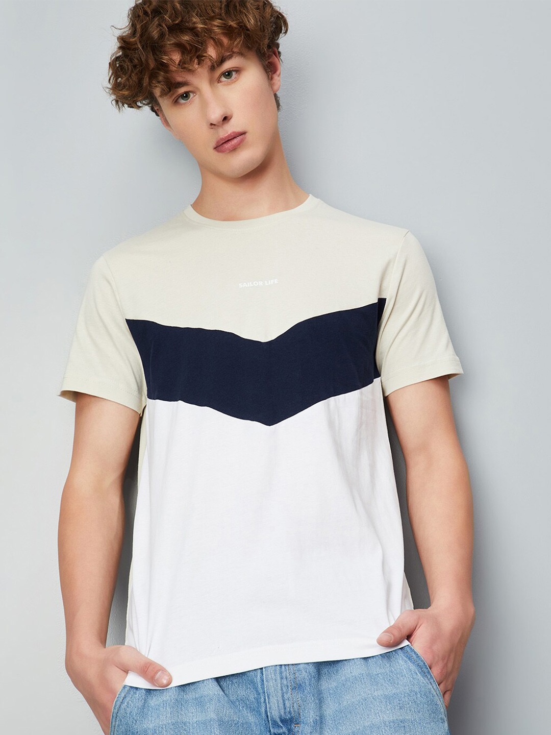 

max Colourblocked Pure Cotton T-Shirt, Beige