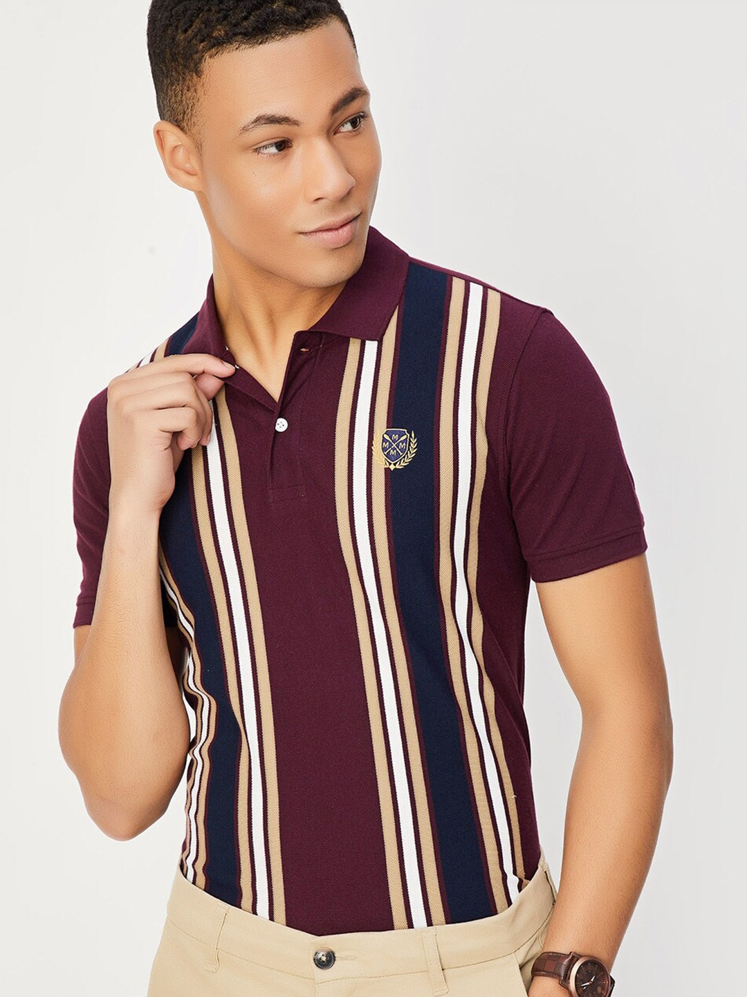 

max Striped Polo Collar T-shirt, Burgundy