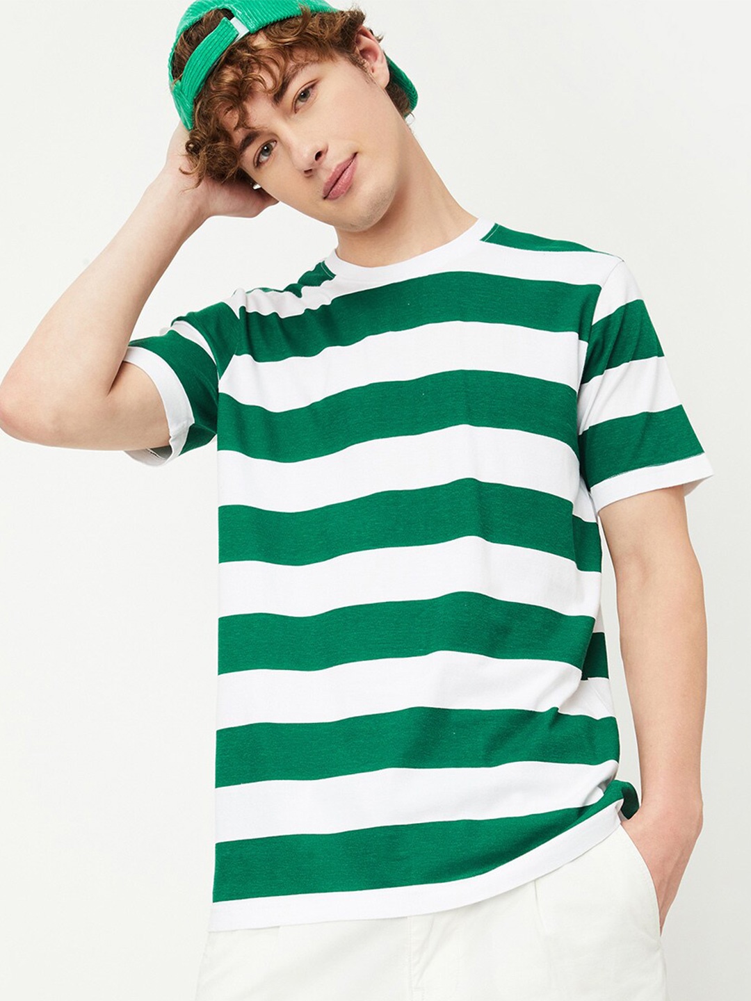 

max Striped Pure Cotton T-shirt, Green