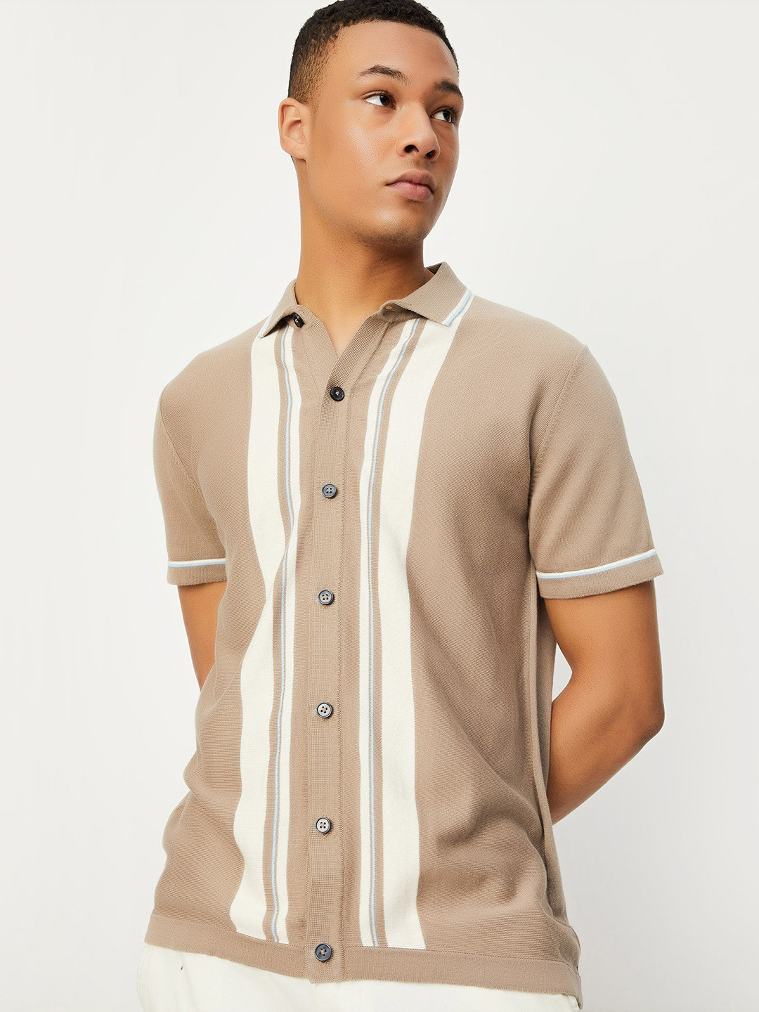 

max Striped Polo Collar Cotton T-shirt, Brown