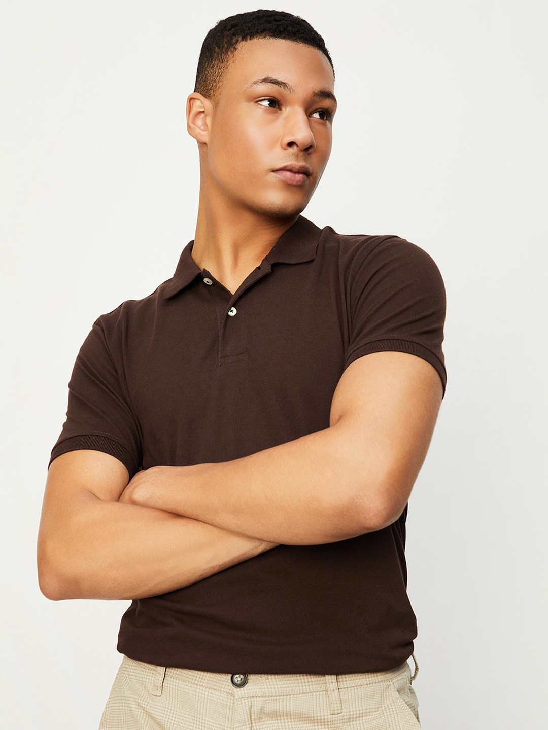 

max Polo Collar Cotton T-shirt, Brown