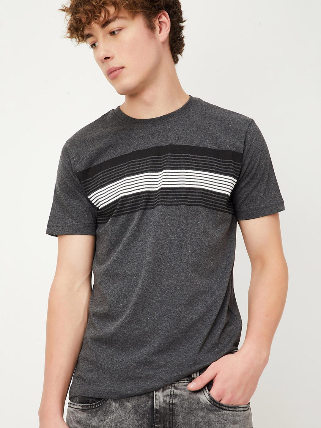 

max Striped Pure Cotton T-shirt, Grey