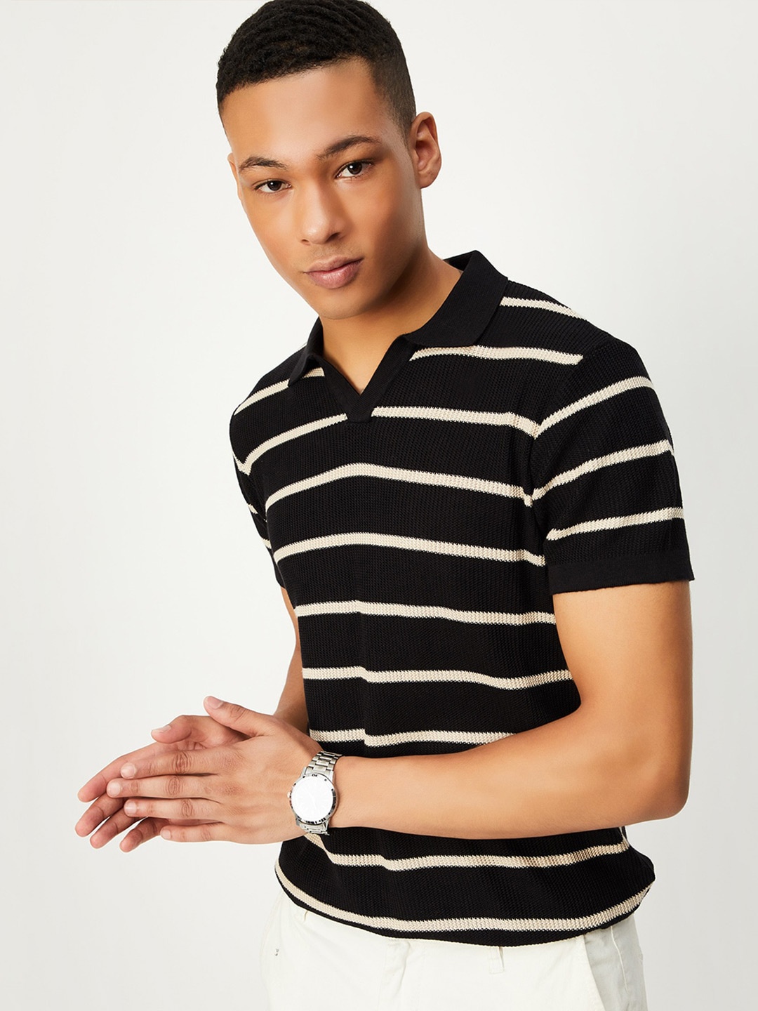 

max Striped Polo Collar T-shirt, Black