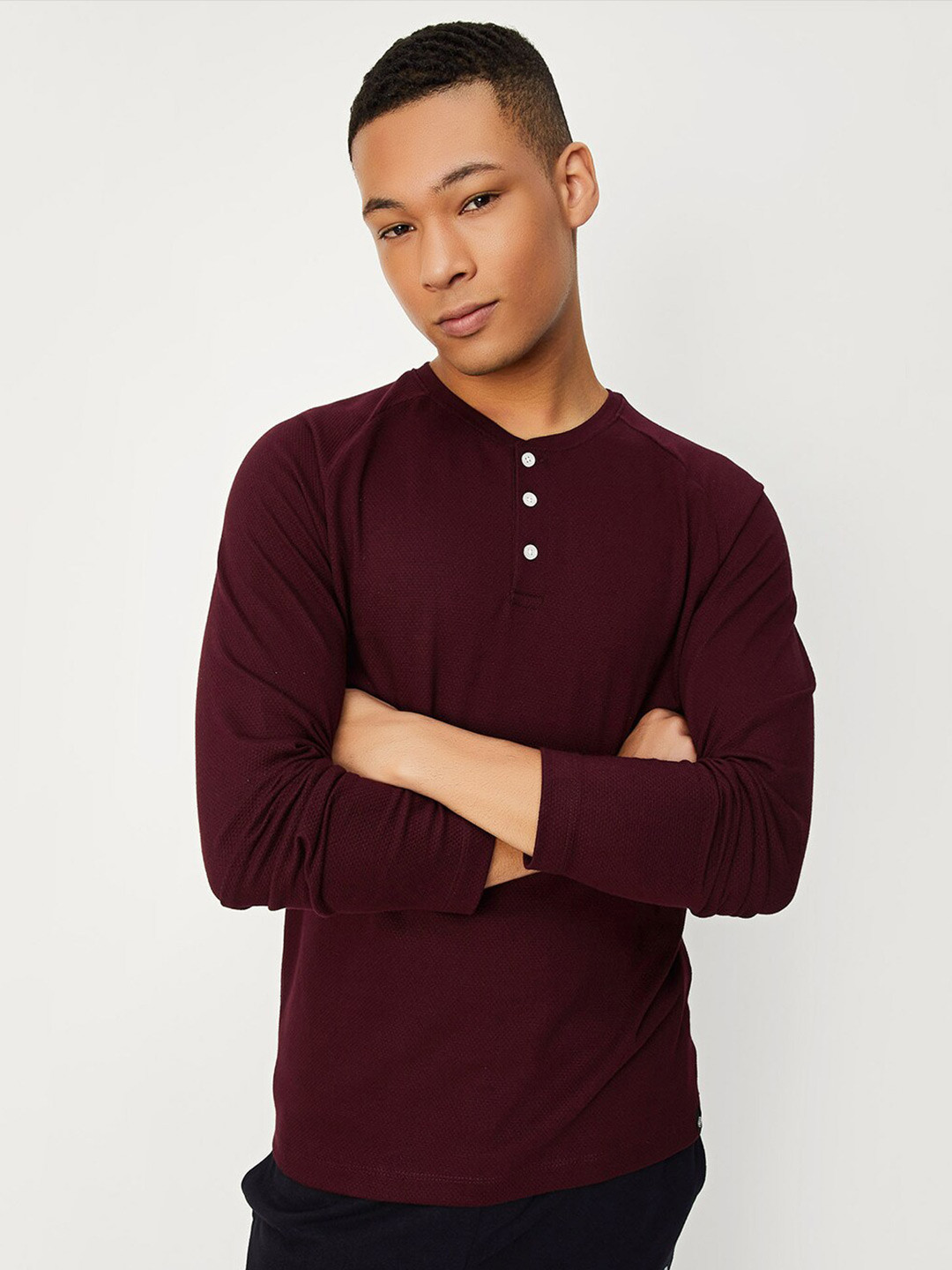 

max Henley Neck Cotton T-shirt, Burgundy