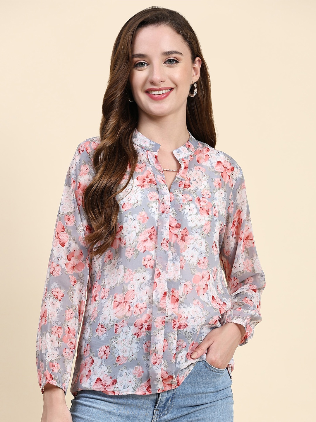 

KERI PERRY Floral Printed Mandarin Collar Georgette Shirt Style Top, Grey