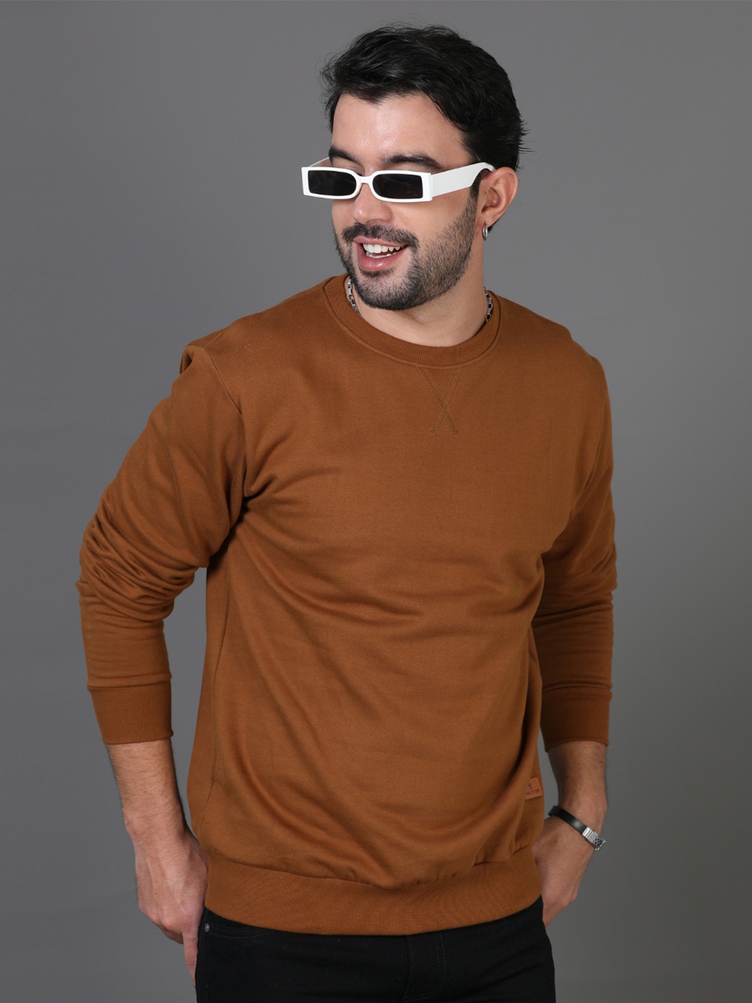 

PAUL STREET Round Neck Cotton Pullover Sweatshirt, Brown