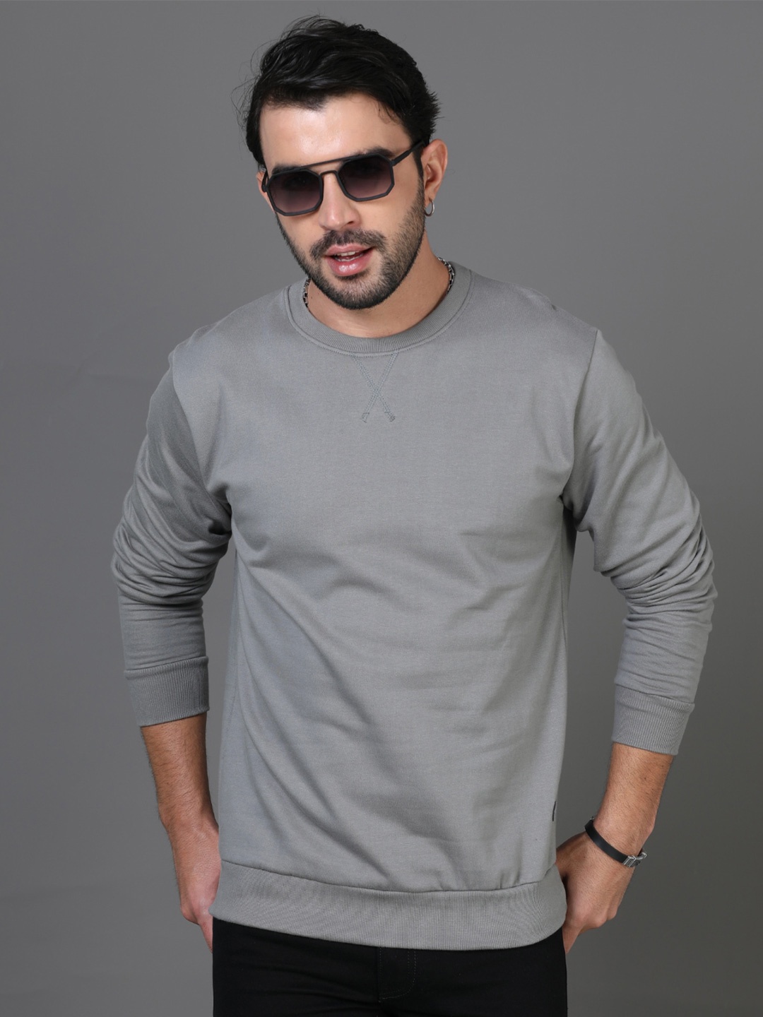

PAUL STREET Round Neck Cotton Pullover Sweatshirt, Grey