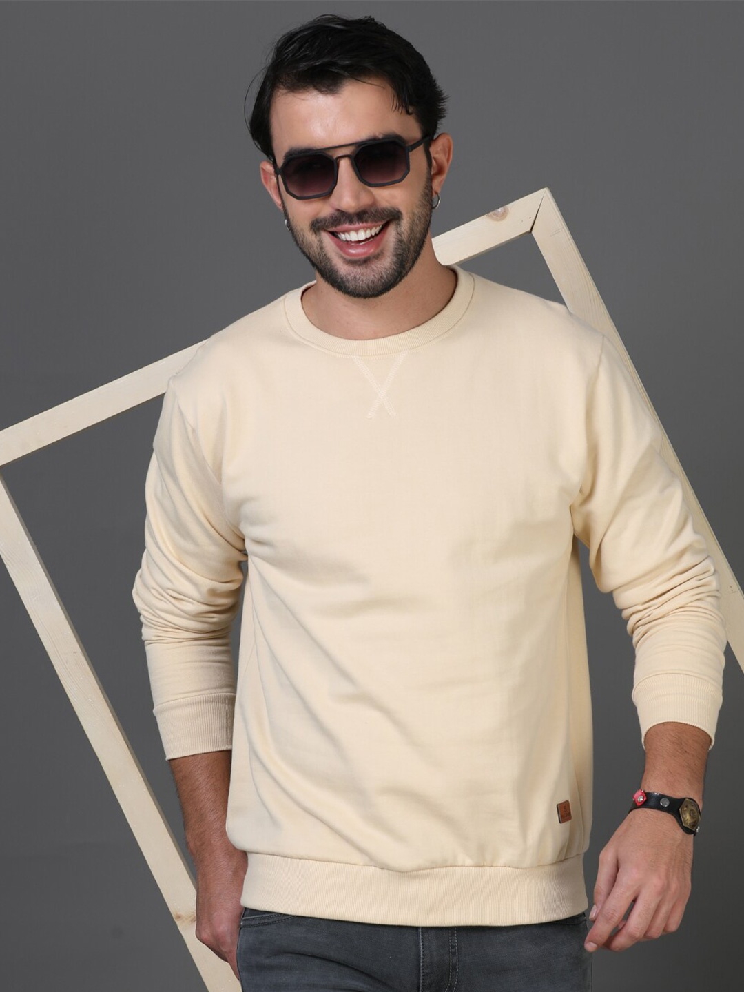 

PAUL STREET Round Neck Cotton Pullover Sweatshirt, Cream
