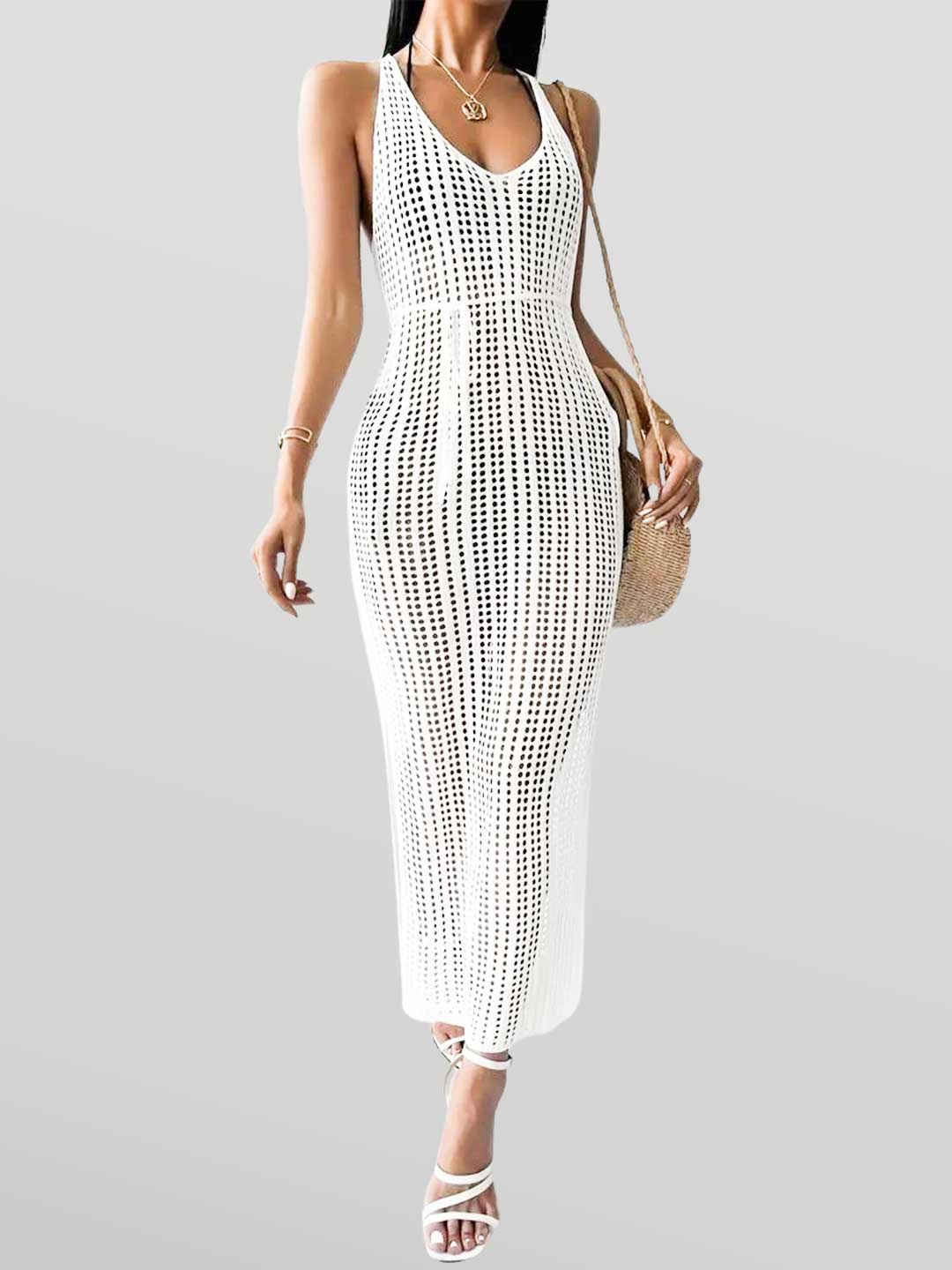 

EZLOOT Sleeveless Cover Up Side Split Beach Dress, White