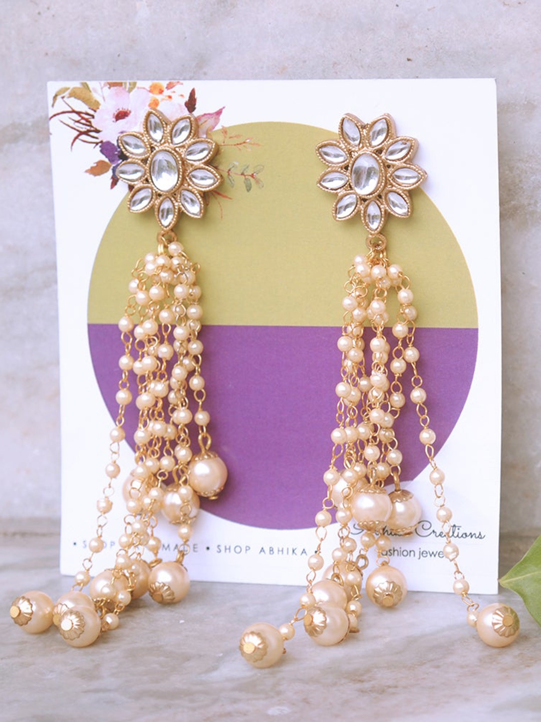 

BeAbhika Kundan Studded & Beaded Tasselled Drop Earrings, Gold