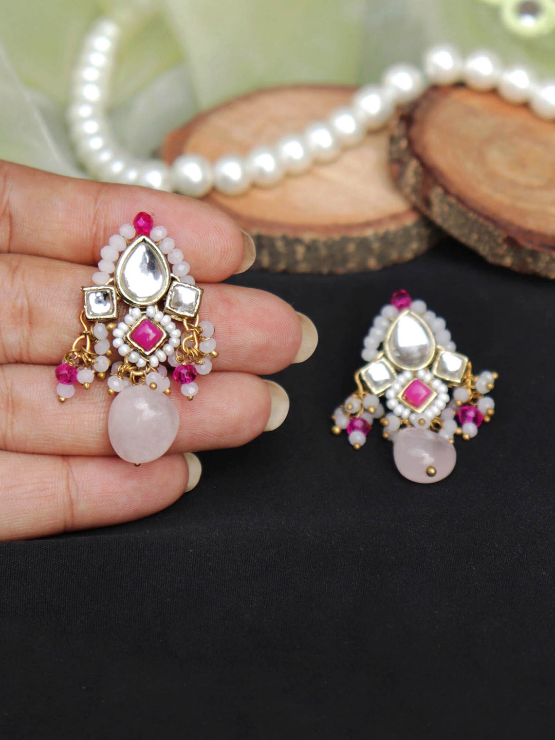 

BeAbhika Kundan Studded & Pearls Beaded Drop Earrings, Gold